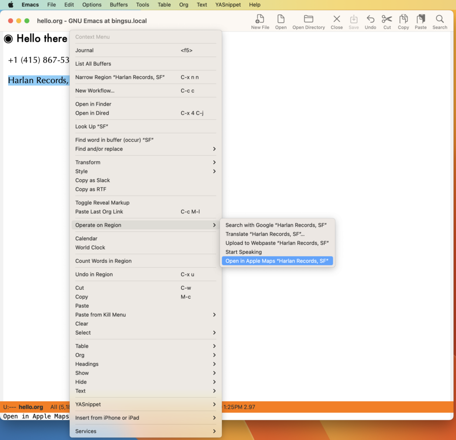 Emacs context menu - search maps example