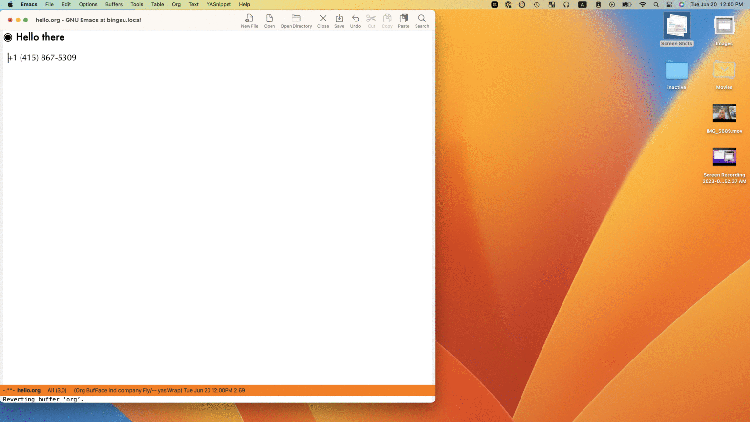 gif movie of making a phone call from Emacs