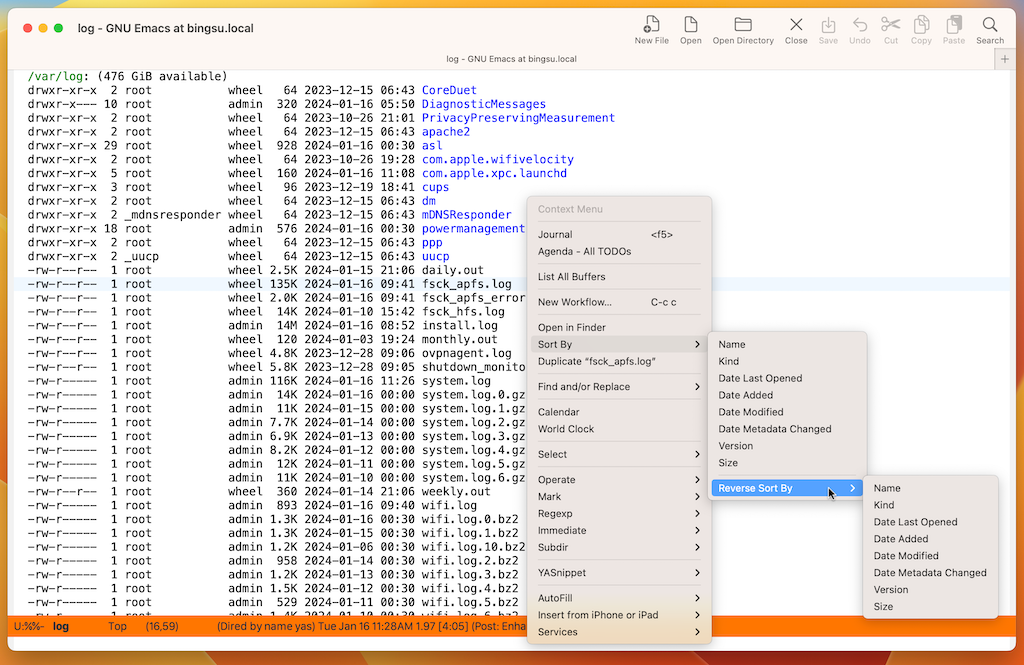 Dired buffer with "Sort By" context menu.