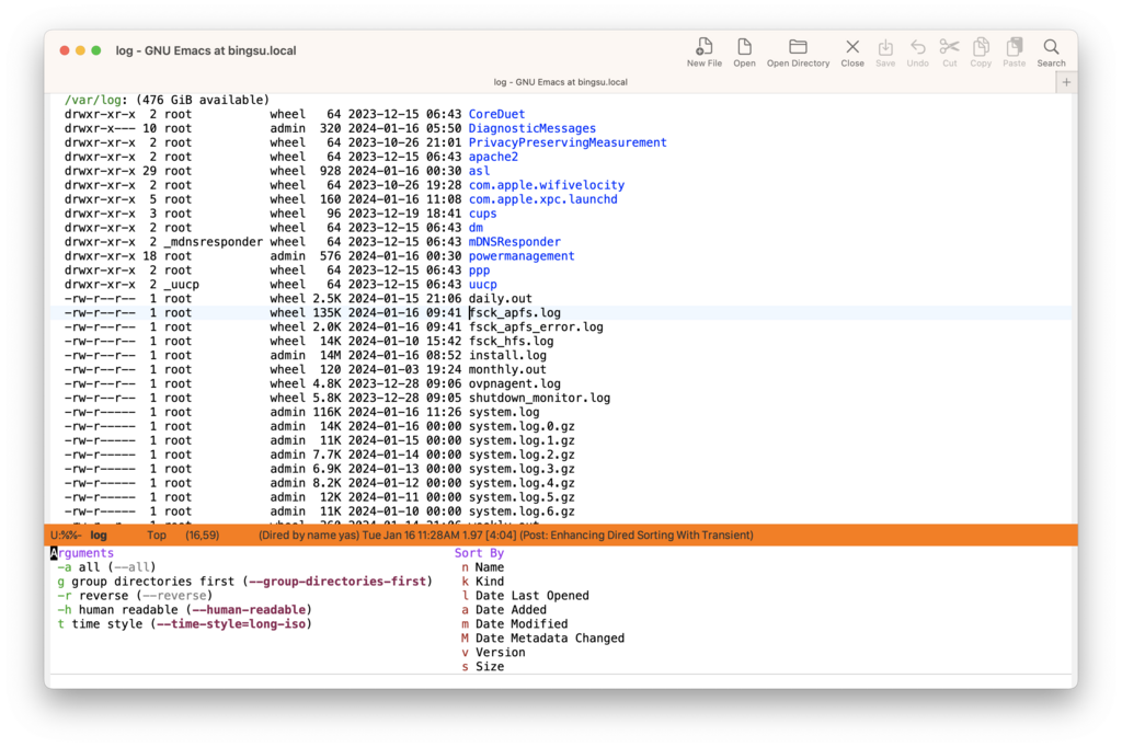 Dired buffer with Transient sort menu.