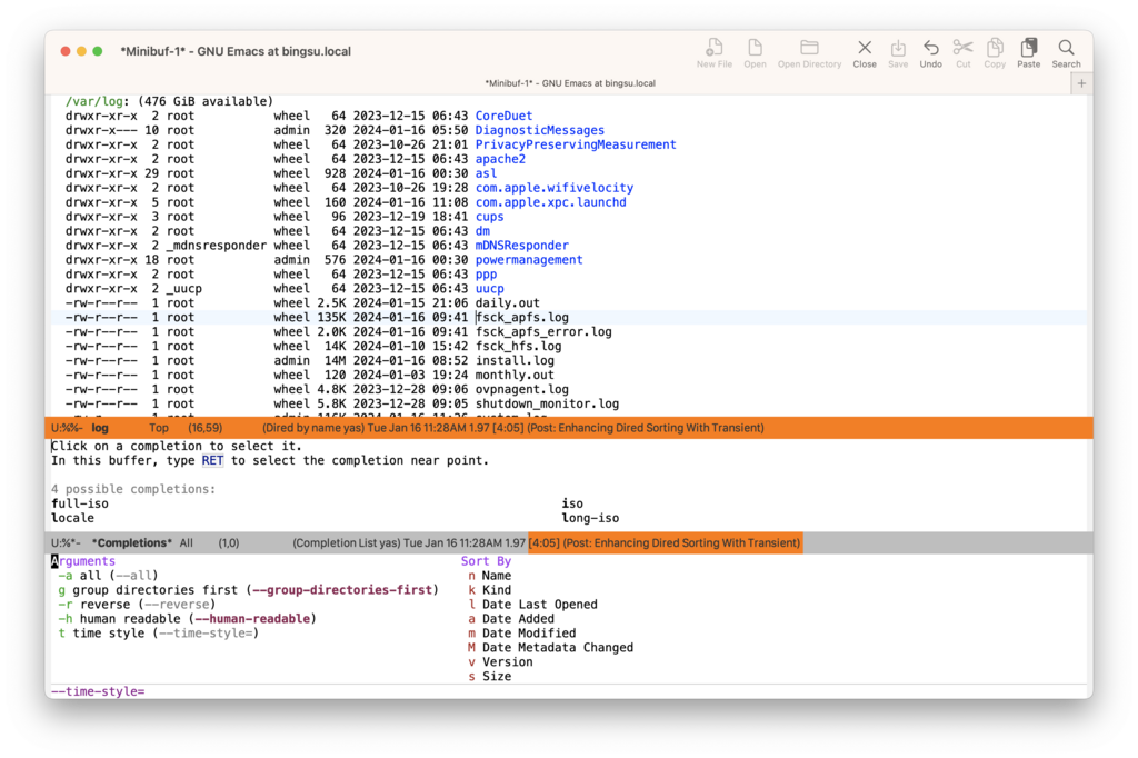 Dired buffer with Transient sort menu and time-style option completion.