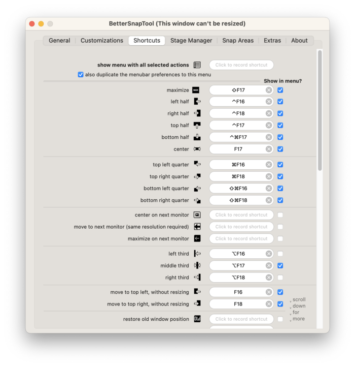 Screenshot of BetterSnapTool Shortcuts panel.