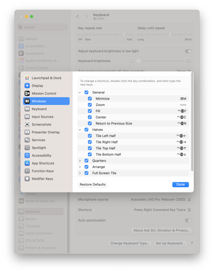 Screenshot of Windows Keyboard shortcut panel in macOS Settings app.