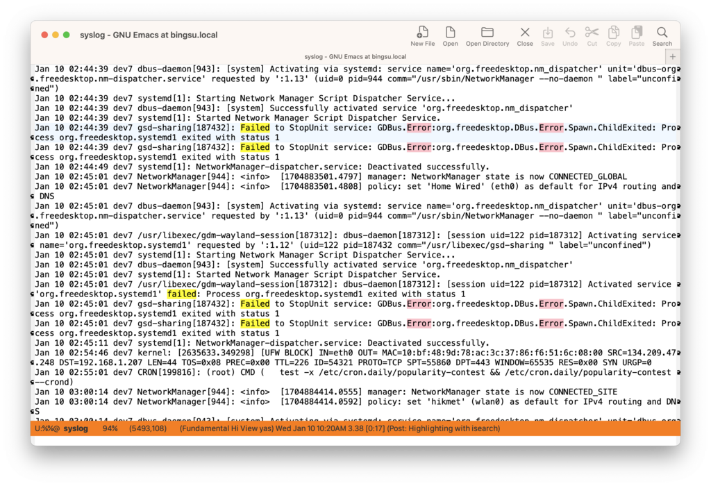Emacs buffer syslog with highlighted strings 'failed' and 'error'.
