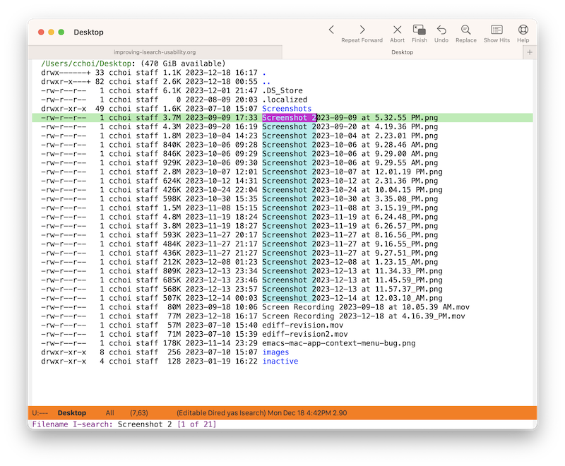 Screenshot of Emacs with basic isearch.