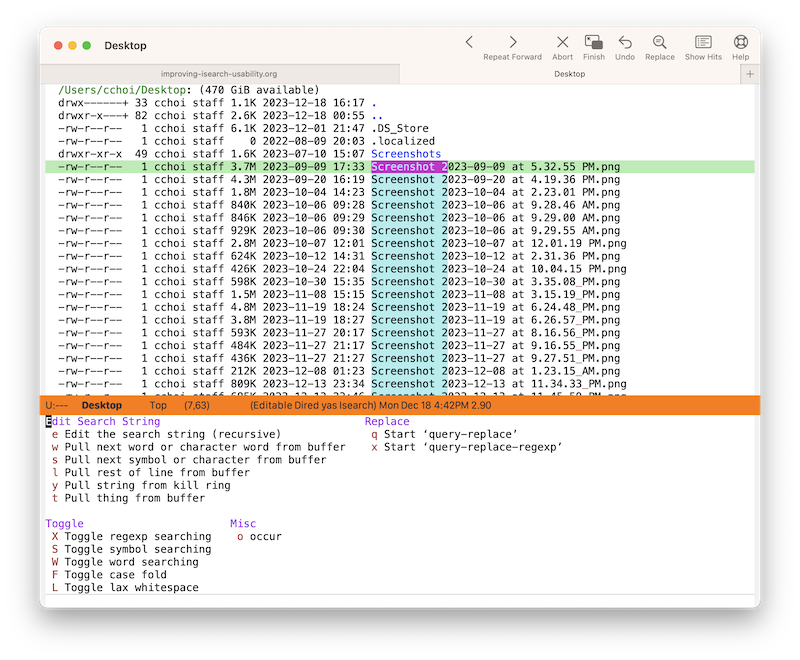 Screenshot of Emacs isearch Transient menu.