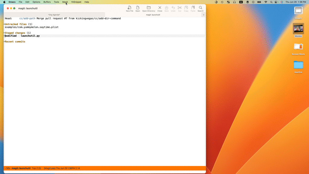 Commiting changes in Magit with a mouse.