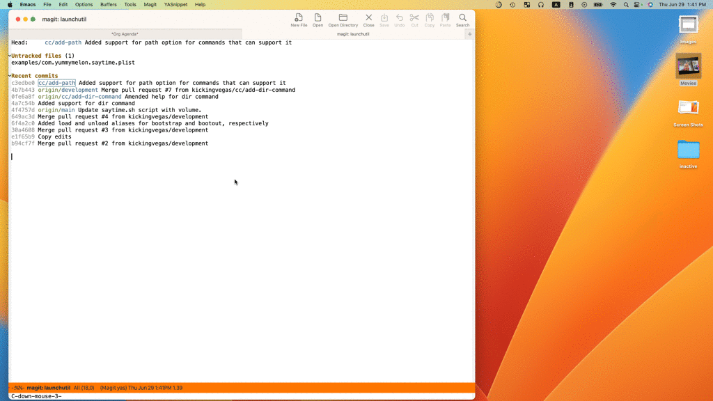 Pushing changes in Magit with a mouse.